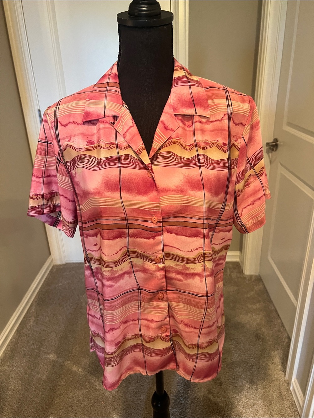 Notations Pink Striped Short Sleeve Button-Front Top